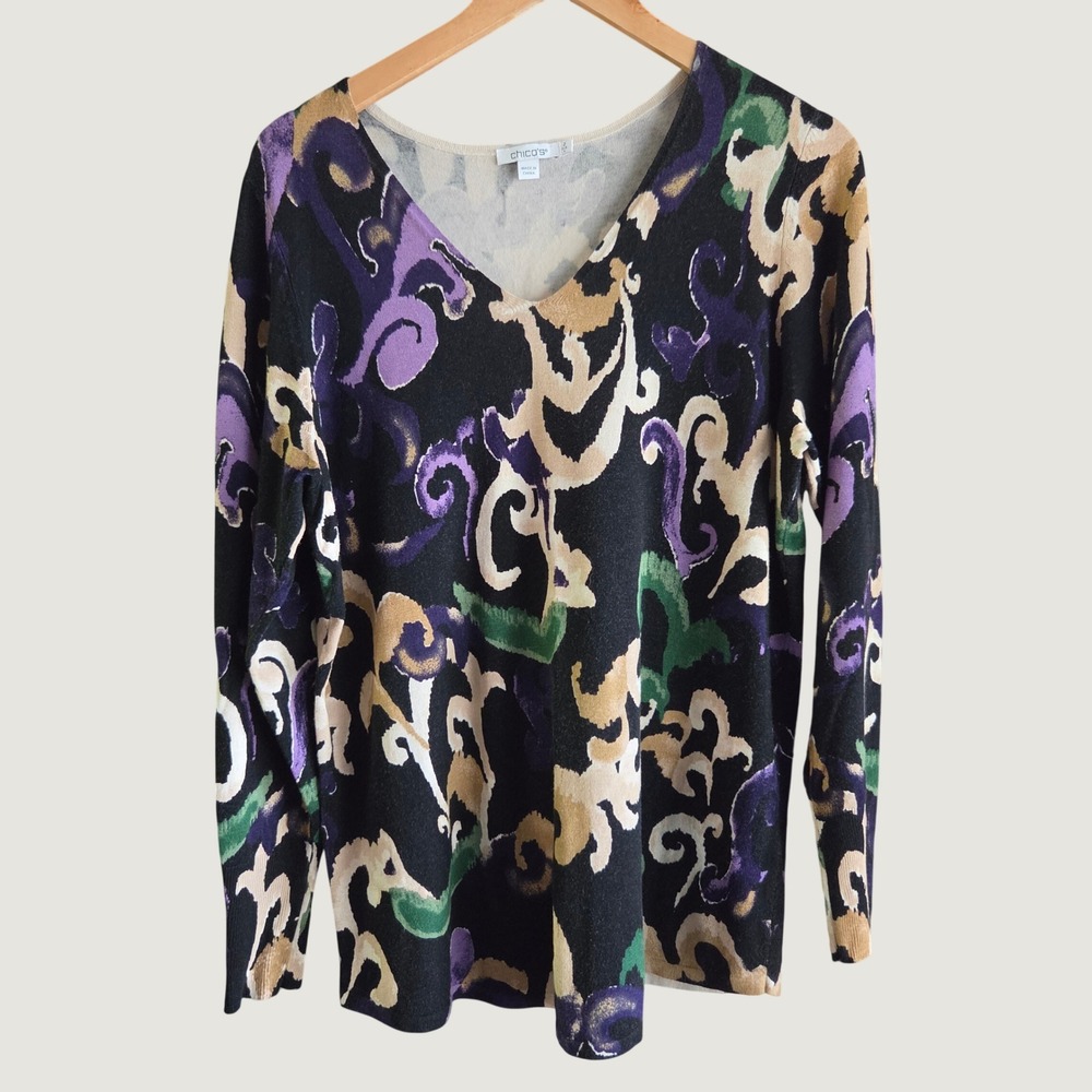 Chico's Abstract Scroll Print V-Neck Sweater Black Purple Green Size 2 US‎ L